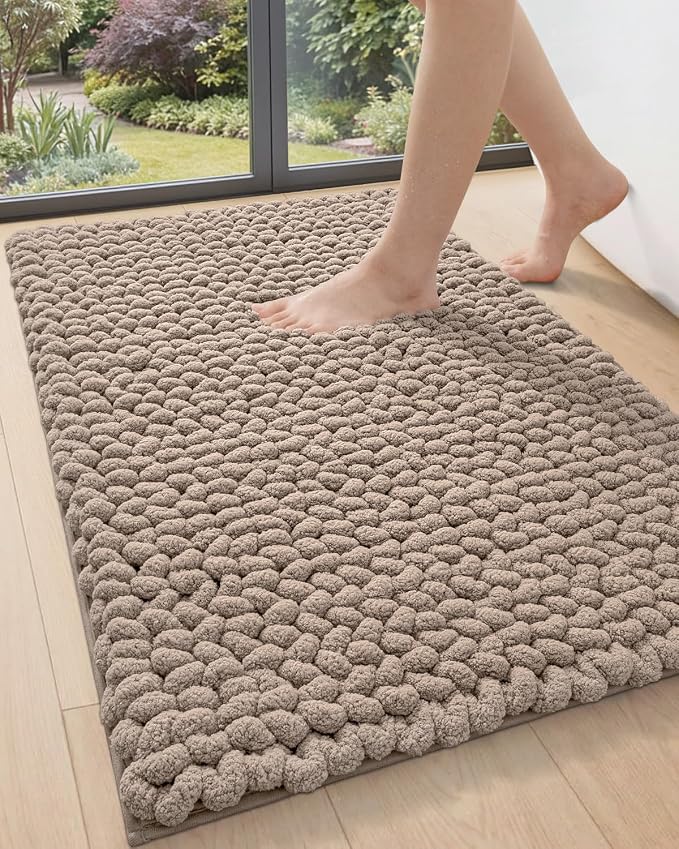 DEXI Bathroom Rugs 30x17, Non Slip Washable Bath Mat, Luxury Chenille Super Absorbent Ultra Thick Bathmats for Shower Floor, Plush Fluffy Shaggy Carpet for Tub, Taupe