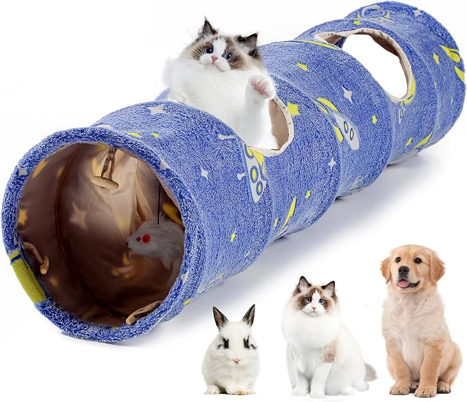 Glowing Astronaut Pattern Cat Tunnel - Collapsible with Plush Balls, Ideal for Indoor Cats, Rabbits, Kittens, Ferrets & Puppies (Blue)