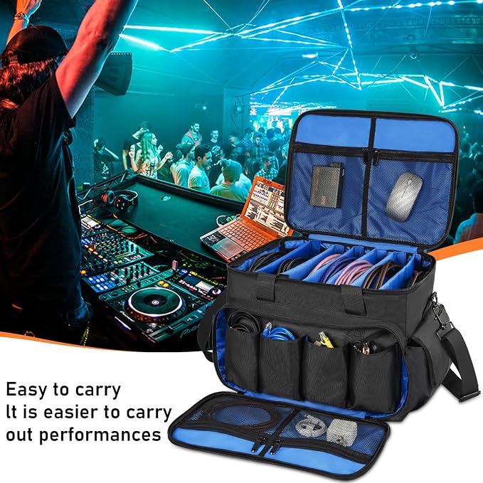 IBVIVIC Cable File Bag With Adjustable Dividers Dj Gig Bag for Cables, Cords,DJ Gear,Sound Instrument and Accessories 16L x 11W x 12H inch, Blue
