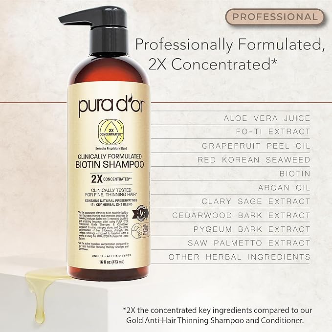 PURA D'OR Clinically Formulated Biotin Shampoo & Hair Regrowth Conditioner For Hair Thinning - 2X Concentrated Proprietary Thickening Blend For Women & Men, Sulfate Free, Botanical Zen Scent,16oz x2