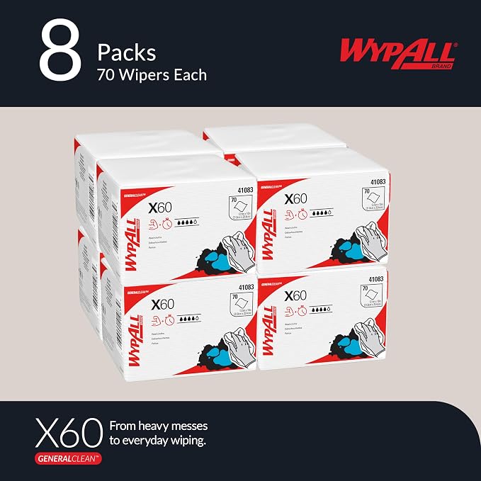 WypAll GeneralClean X60 Cloths Multi-Task Cleaning Wipes (41083), Quarterfold, Strong and Absorbent Towels, White (8 Packs of 70 Sheets, 560 Sheet Total)