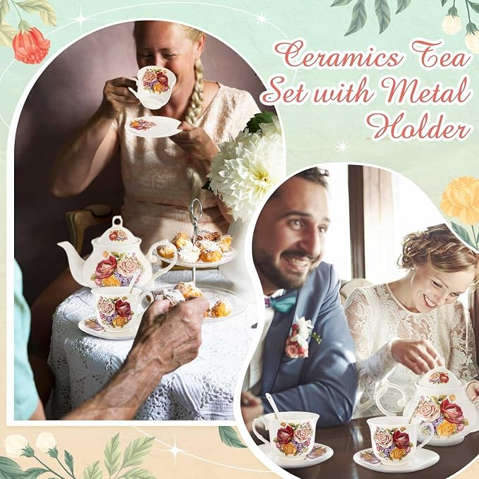 Zhehao 20 Pcs Porcelain Tea Set with Metal Holder and Spoon Adult Ceramic Tea Set European Flower Painting Teapot Cup Saucer Spoon for Women Mom Gift, Large Version (Groovy Style)