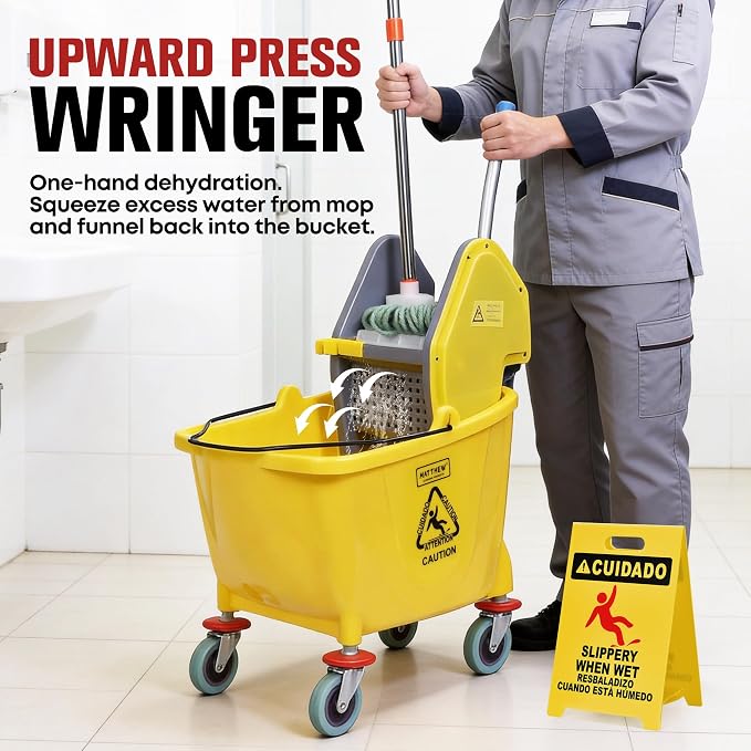 MATTHEW CLEANING 34Quarts Commercial Mop Bucket INCL.Wet String Mop with Down Press Wringer On Wheels,Industrial Heavy-Duty Floor Cleaning w/Handle, Mop Bucket for Home,Offices,Commercial, Restaurants