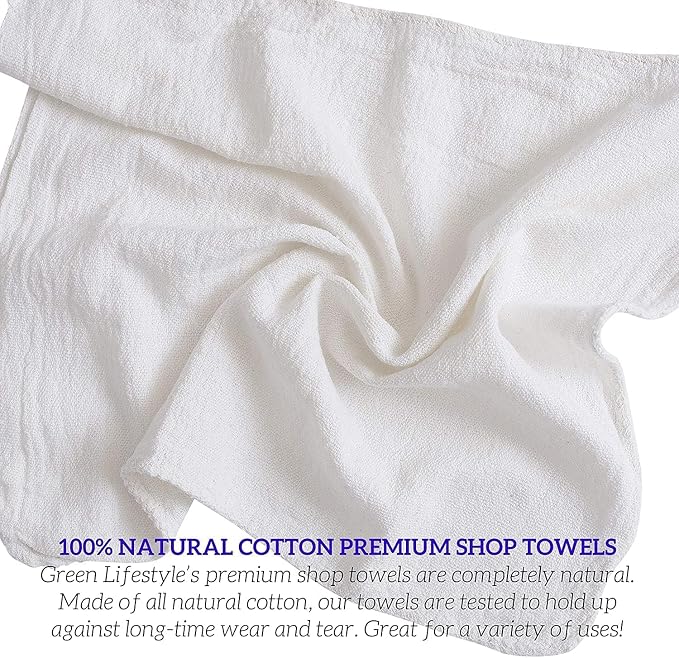 GREEN LIFESTYLE Shop Towels 12" x 14" 100 Pack - White Cotton Shop Towels, Cleaning Rags Bulk, Reusable Shop Rags, Absorbent Terry Cloth Cleaning Towels for Garage, Automotive, Industrial and Home Use