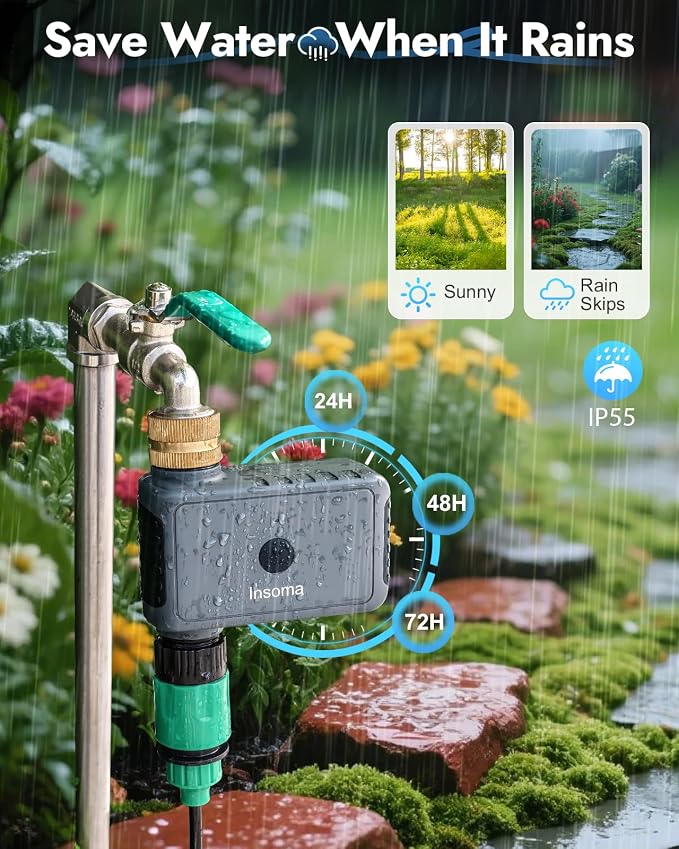Insoma 1 Zone WiFi Water Timer with Brass Inlet, Smart Hose Timers with Hub Support 2.4GHz WiFi & Bluetooth, APP & Voice Control, Irrigation Timers with Rain Delay & Manual Watering for Yard, Lawn