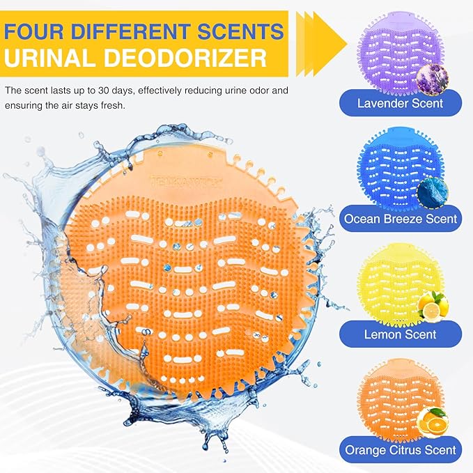 96 PACK Urinal Deodorizer Screen with 100 Gloves-3D Wave Anti-Splash Odor Protection Urinal Cakes for Men Toilets, Four Scents Urinal Mats