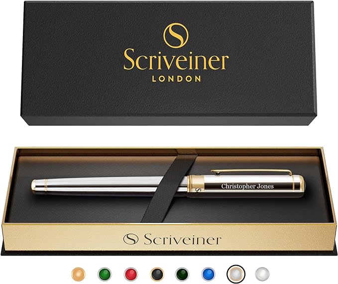 Scriveiner Personalized Silver Chrome Rollerball Pen - Stunning Luxury Pen, Real Gold Plating, Schmidt Ink Refill, Best Engraved Roller Ball Gift Set for Men & Women, Custom Name Engraving