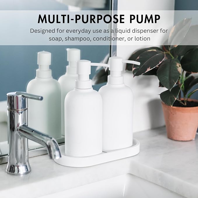 Matte White Round Soap Dispenser Set with Tray for Kitchen, Countertop & Bathroom – 2 Pack 15 oz Refillable Resin Pump Bottle for Dish Soap, Hand Soap, Shampoo, Conditioner – Non-Slip Protective Pads