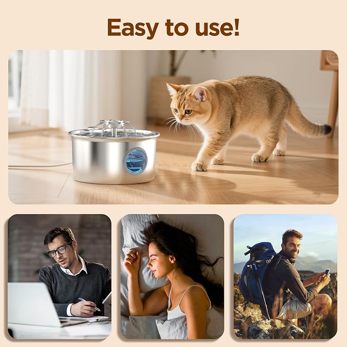 Cat Water Fountain Stainless Steel: Pet Fountain with 6 Filters & 3 Sponges | 88oz/2.6L Water Fountains for Cats Inside with Flower - Kitty Drinking Dispenser - Gifts for Cats Dogs and Small Animals