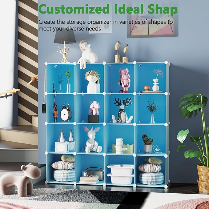 C&AHOME 16 Cube Storage Organizer Cube Shelves Units Storage Cubes, Blue | Plastic DIY Closet Organizer, Stackble Modular Closet Storage Shelves Ideal for Home, Bedroom, 48.4" L × 12.4" W × 48.4" H