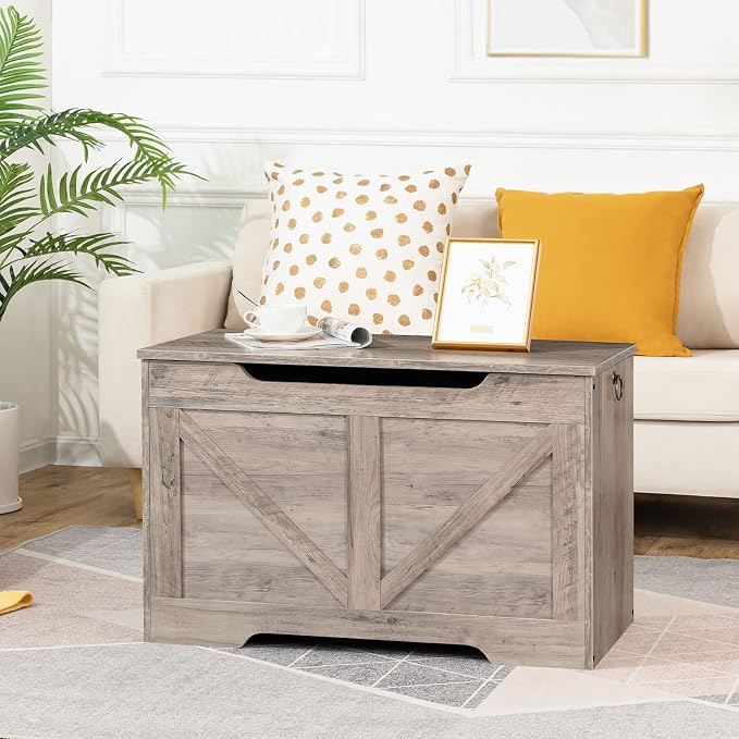 HOOBRO Storage Bench, 29.5” Retro Wooden Storage Chest with U-Shaped Cut-Out Pull, Safety Hinge, Supports 220 lb and Easy Assembly for Toy Box Organizer (Greige) BG77CW01G1