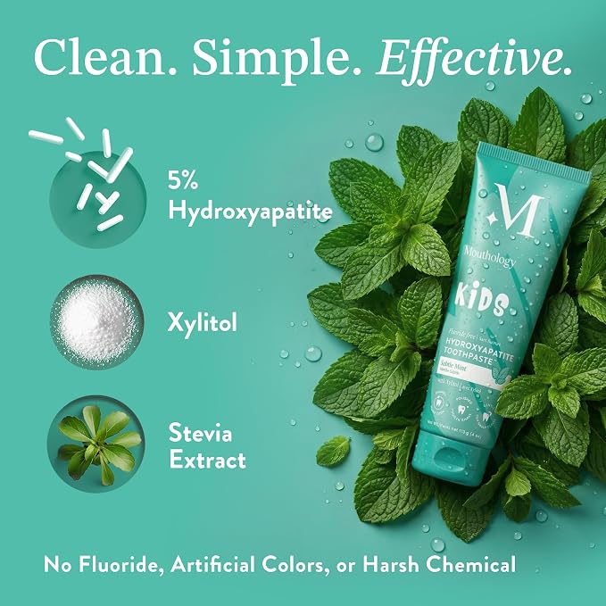 Mouthology Hydroxyapatite Kids Toothpaste Fluoride Free with Xylitol, Non Toxic Fluoride Free Toothpaste for Kids, All Ages (1-3), (3-6) & (6-12) Subtle Mint, 4oz