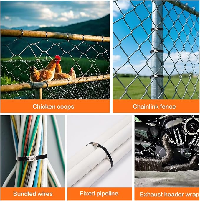 Stainless Steel Cable Tie Gun Kit：With 300pcs Uv Resistant Black Metal Zip Ties Heavy Duty Outdoor (150 Each of 8, 12 Inch) Adjustable Fastening Cutting Tie Tool Sets，for Chainlink Fence，Exhaust Wrap