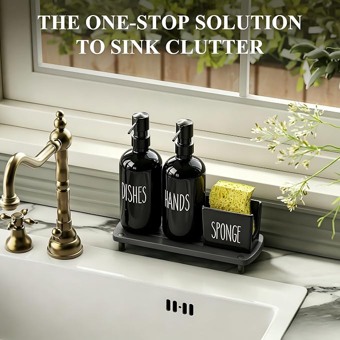 Cisily Black Soap Dispenser Set with Ceramics Sponge Holder, Kitchen Decor | Black Stainless Steel Pumps, Instant Dry Tray