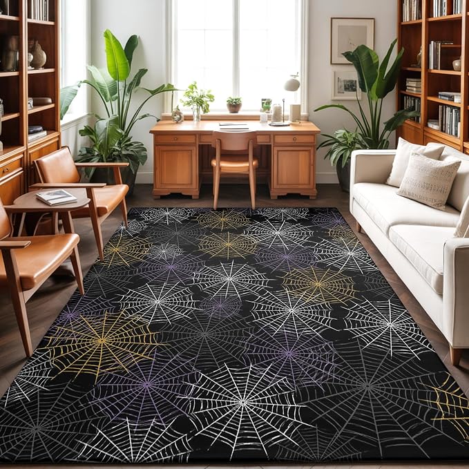 Area Rug 3'x5', Black Halloween Washable Large Area Rugs for Kitchen Bedroom Laundry Bathroom Office, Purple White Yellow Net Classic Black Non Slip Door Mat Indoor Entryway Floor Accent Throw Carpet