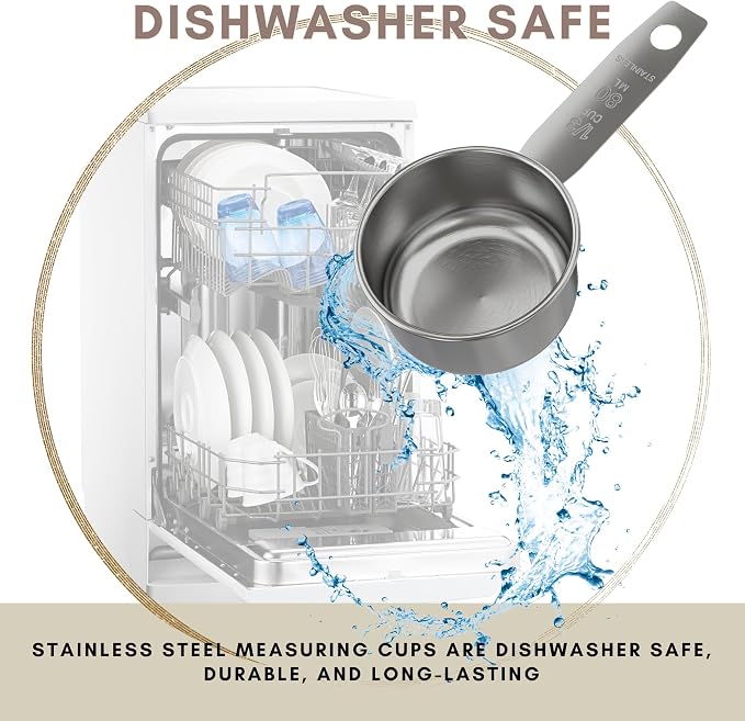 1/3 Cup Stainless Steel Measuring Cup | Sturdy Metal 80 ml | 80 cc | 3 oz | Single Cup for Wet and Dry Ingredients | Great for use as 1/3 Cup Dog Food Scoop - 4 PK