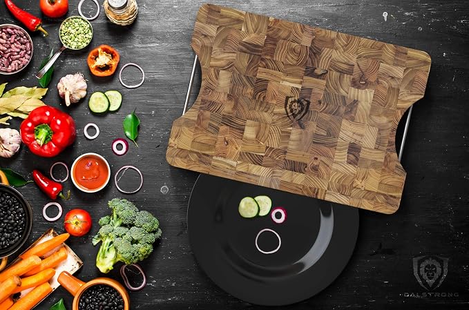 Dalstrong Cutting Board-Lionswood End-Grain Teak-16" x 12"-Steel Carrying Handles-Serving Board - Large Cutting Boards For Kitchen-Chopping Meat Cutting Board-Two Sizes