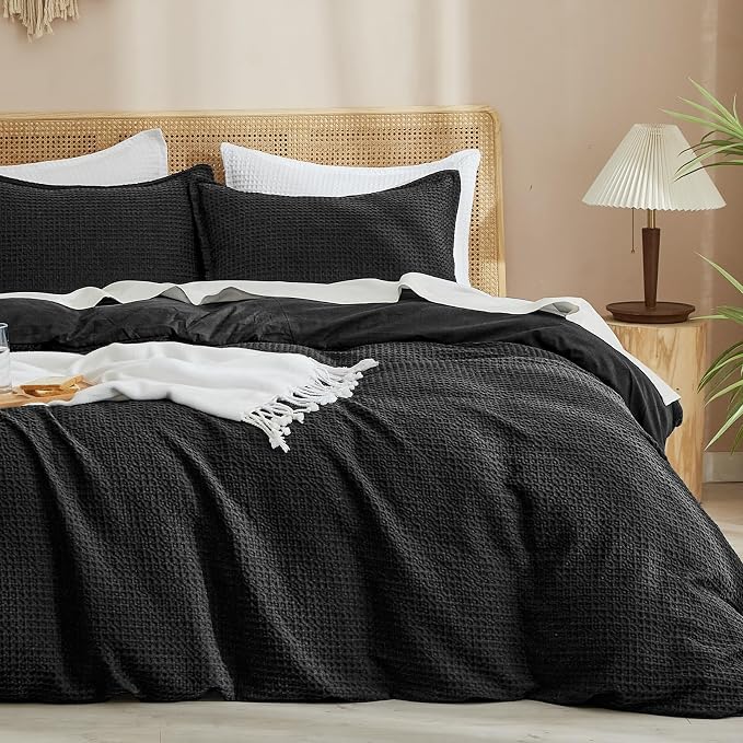 PHF Waffle Weave Duvet Cover Set Queen Size, No Snagging Ultra Soft Luxury Textured Breathable Comforter Cover for All Season 3pcs, Durable Bedding Duvet Set with 2 Pillow Shams, 90"x90", Black