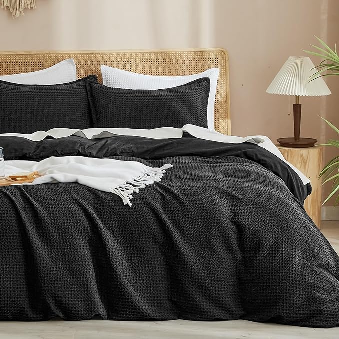 PHF Waffle Weave Duvet Cover Set King Size, No Snagging Ultra Soft Luxury Textured Breathable Comforter Cover for All Season 3pcs, Durable Bedding Duvet Set with 2 Pillow Shams, 104"x90", Black
