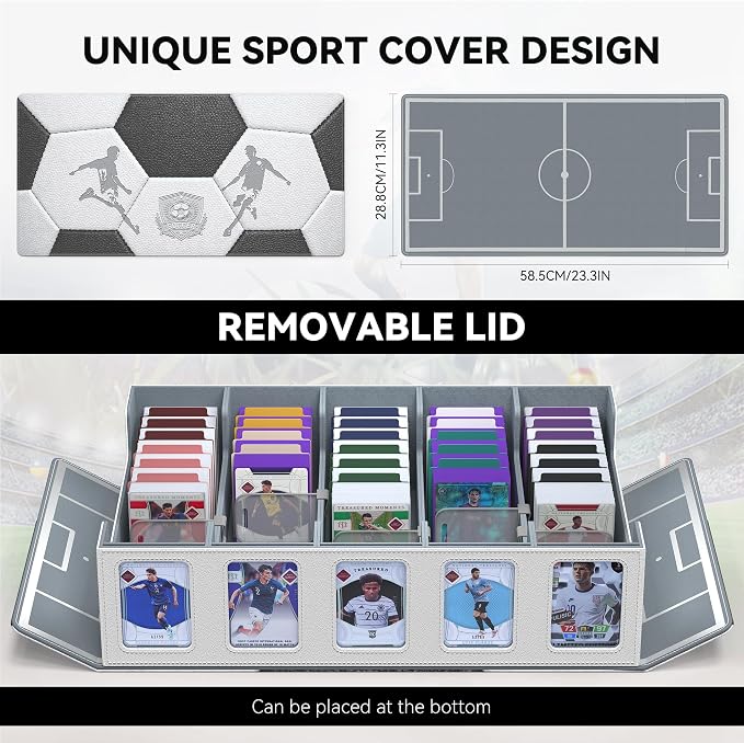Kabinka Soccer Card Storage Box with Window Display, 5-Row Sport Card Storage Box, 3900+ Card Deck Box for Soccer Sports Card TCG, 5 Top Loaders, 5 Stoppers, 48 Dividers, 1 Dice Tray (Soccer 1)