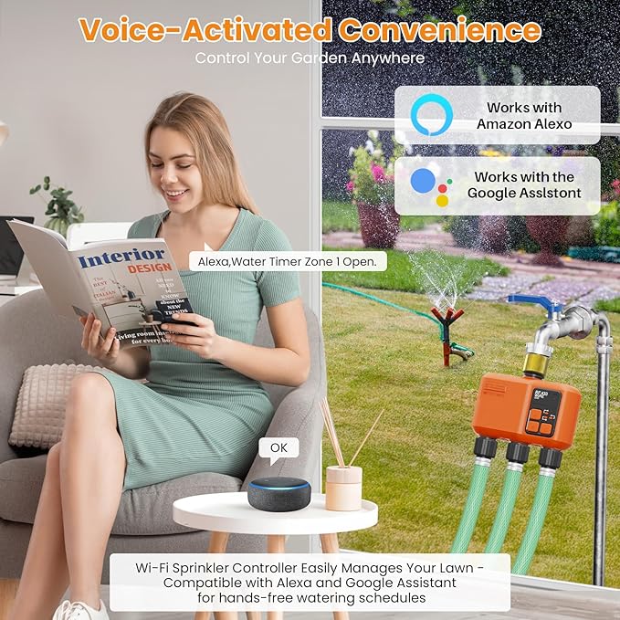 Smart WiFi Sprinkler Timer 3 Zone,WiFi Water Timer for Garden Hose with 984 FT Range,APP & Remote Control,Alexa & Google Voice Compatible,Rain Delay, Manual Mode Sprinkler System