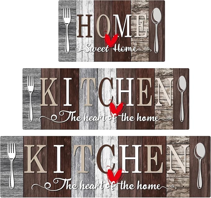 Kitchen Rugs Set 3 Piece, Non Slip Kitchen Mats for Floor, Soft Fabric with Rubber Backing, Farmhouse Anti Fatigue Runners Carpet for Home Kitchen Laundry Room Hallway Rustic Dark Brown & Grey