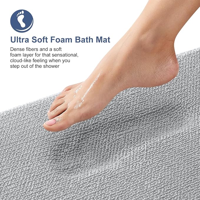 OLANLY Memory Foam Large Bathroom Rug 59x35, Absorbent Bath Mat, Light Grey | Soft Quick Dry Bath Mat Rugs, Non-Slip, Machine Washable Mat for Bathroom Floor, Tub and Shower, Home Decor Accessories