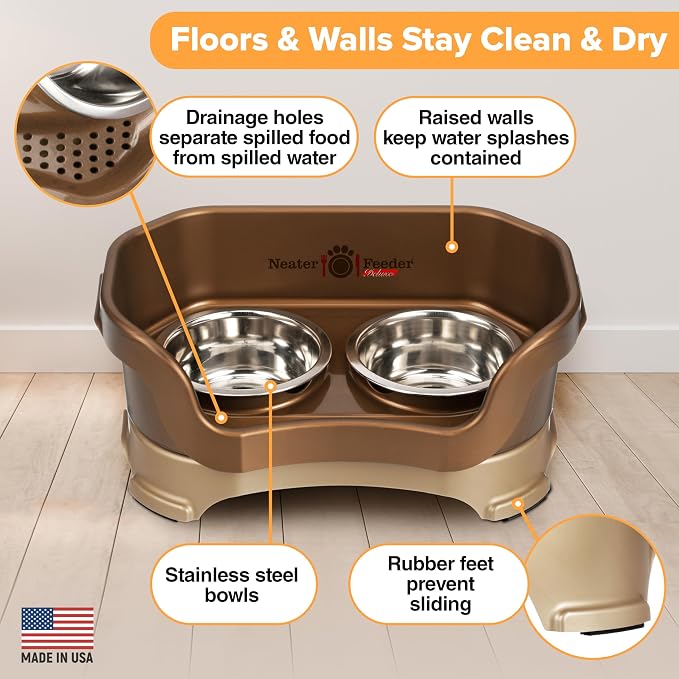 Neater Pet Brands Neater Feeder Deluxe Mess Proof Cat Bowls Elevated, Made in USA, No Spill Raised Bowls for Indoor Cats, Stainless Steel Food and Water Bowl Set, Pet Dish Feeding Station, Bronze