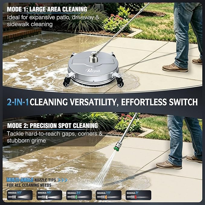 RAYNEL 18'' Pressure Washer Surface Cleaner with 4 Wheels, Stainless Steel Housing, 1/4" Quick Plug, 2 Extended Wands, 2 Replacement Nozzles and 5 Spray Nozzles