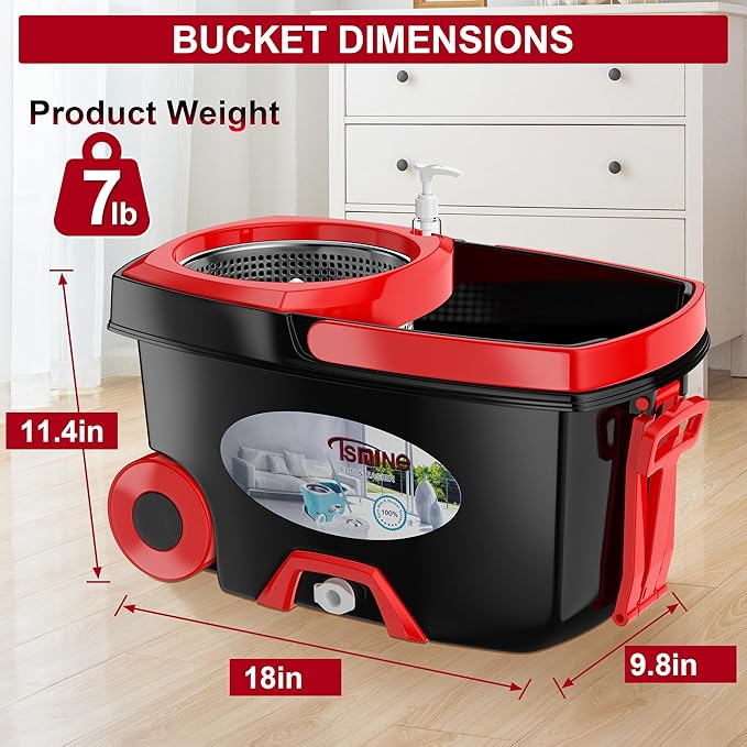FunClean Spin Mop and Bucket for Home Cleaning, 360° Rotating Floor Mop with Wringer, Adjustable 61" Handle for Back Pain Relief, 6 Microfiber Replacement Heads, 2 Easy-Move Wheels - Black