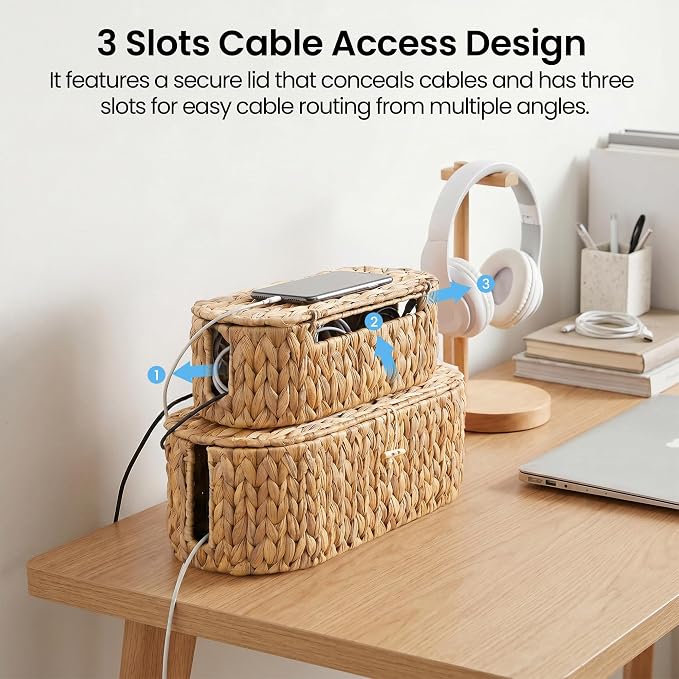 Set of 2 Cable Management Box, Handwoven Water Hyacinth Cord Hider Organizer Boxes with 3 Side Open Slots, Cable Organizer Box to Hide Cords Power Strip, USB Hub, TV Wires for Home, Office