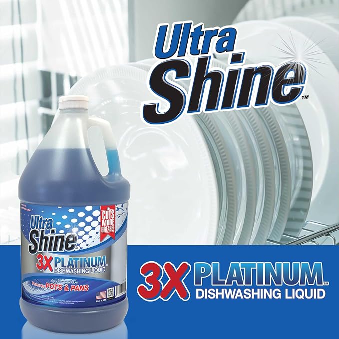 Ultra Shine™ 4 Pack 3X Platinum™ Dishwashing Liquid, Powerful Grease Remover, 1 Gallon - Concentrated Dish Cleaner Soap for Commercial Kitchens, Restaurants & Home Cleaning, Gentle on Hands & Skin