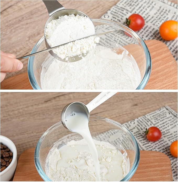 Stainless Steel Measuring Cups and Spoons Set, 18/8(304) Steel Material Heavy Duty 5 Measuring cups and 5 Measuring Spoons 1 Leveler and 2 rings Pack 13pcs Per set
