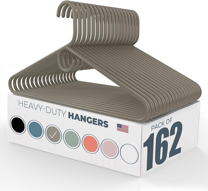 Heavy Duty Clothes Hangers 100+ Pack (162 Count) – Made in the USA – 8lb Capacity Plastic Hangers for Adult Clothing – Durable for Pants, Coats, Jackets, or Jeans – Gray