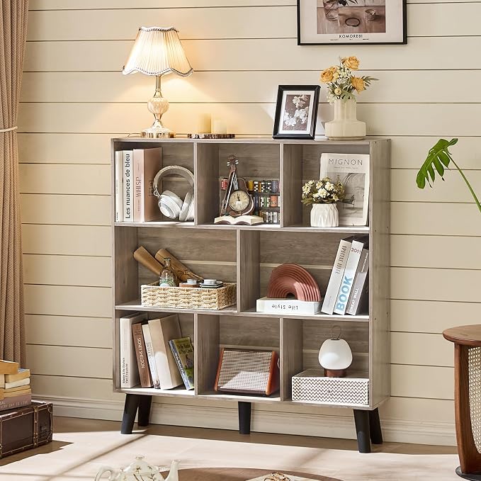 LEYAOYAO 8 Cube Bookshelf, Mid-Century Modern Book Shelf with Legs, Grey | 3 Tier Bookcase, Rustic Wood Bookshelves Freestanding Large Storage Organizer, Open Shelves for Bedroom, Living Room, Office