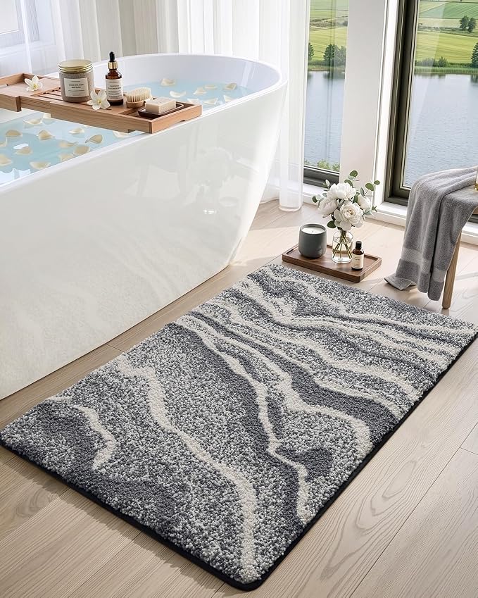 DEXI Bathroom Rug Mat 36x24, Soft and Absorbent Marble Bath Mat, Non Slip Machine Washable Bath Rugs for Shower Floor, Tub, Sink, Dark Grey