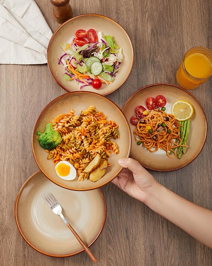Pokini 16 Piece Double Bowl Plates and Bowls Sets, Ceramic Dinnerware Sets with Pasta Bowls, Dishwasher & Microwave Safe Dish Set, Scratch Resistant Stoneware Plate Set, Service for 4 Brown Yellow