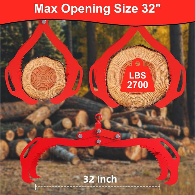 Log Lifting Tongs 32 Inch - 2700LBS Load Capacity Heavy Duty Log Grapple with 4 Serrated Claw Hooks & Handles, Logging Tongs for Tractors, Trucks, Forklifts, Red