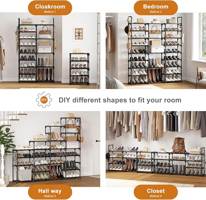 WOWLIVE 9 Tiers Large Shoe Rack Storage Organizer for Closet 50-55 Pairs Shoe Tower Unit Shelf Stackable Shoe Rack with Metal Pipes Plastic Connectors Black(SSS3B9)