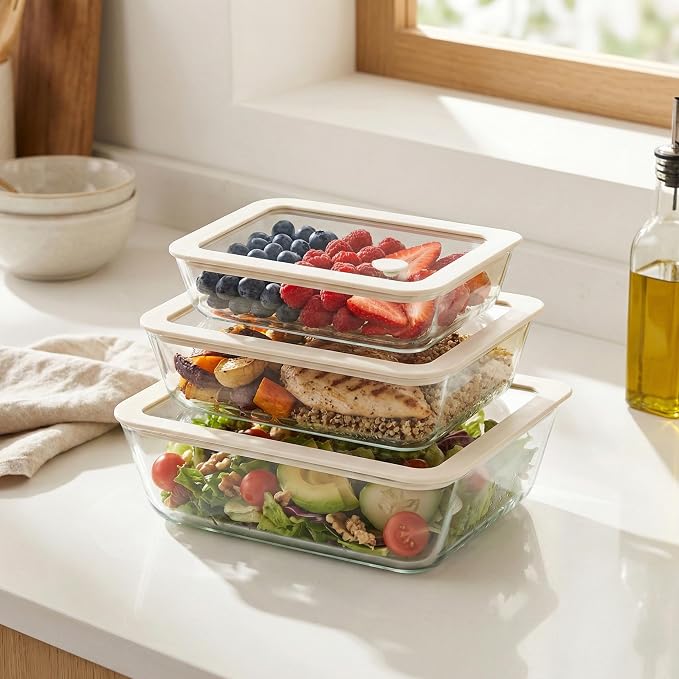 Glass Food Container Set with Silicone Glass Lid, 3 Pack, Airtight, LeakProof, 100% Plastic Free, Meal Prep Containers (White Color)