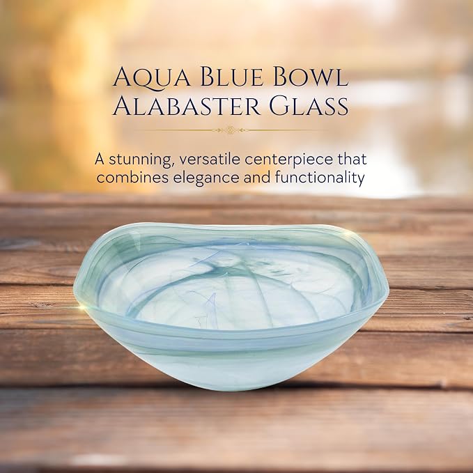 Badash Decorative Glass Serving Bowl, Alabaster Glass Centerpiece Fruit Bowl, Home Décor Table Accent Bowl, 10” Diameter, Aqua Blue