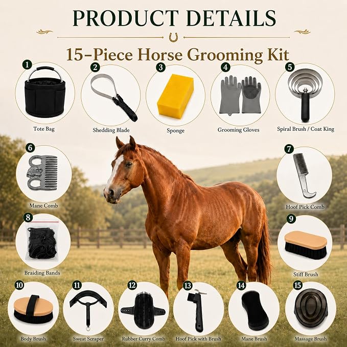 Horse Grooming Kit, 15-Piece Horse Brush Set with Tote Bag, Long Shedding Blade, Hoof Pick, Curry Comb, Sweat Scraper, Mane and Tail Comb, Gloves, Equine Grooming Supplies, Black