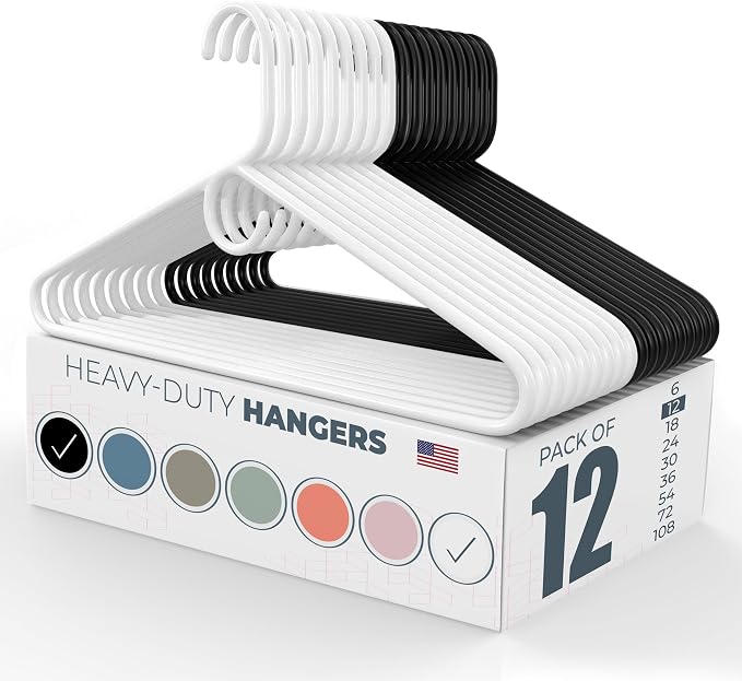 Heavy Duty Clothes Hangers 12 Pack – Made in the USA – 8lb Capacity Plastic Hangers for Adult Clothing – Durable for Pants, Coats, Jackets, or Jeans – White & Black