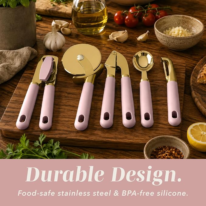 COOK WITH COLOR 6-Piece Kitchen Tool Set with Acacia Wood Cutting Board, Can Opener, Pizza Cutter, Garlic Press, Scoop & Peeler, Pink
