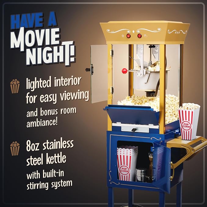 Nostalgia Popcorn Maker Machine - Professional Cart With 8 Oz Kettle Makes Up to 32 Cups - Vintage Popcorn Machine Movie Theater Style - Popcorn Stand Cart With Wheels - Navy/Gold