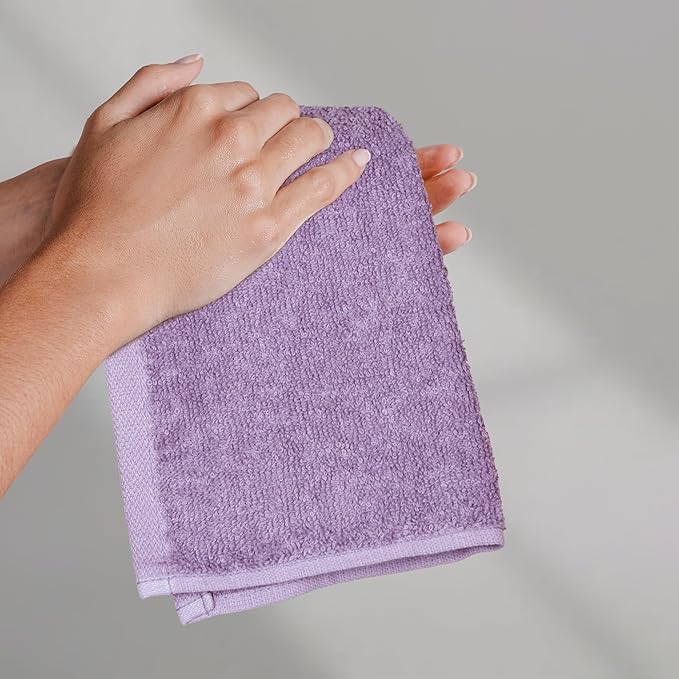 Amazon Basics Highly Absorbent, Fast Drying 100% Cotton Washcloths for Bathroom, Machine Washable, 12 x 12 inches, Lavender, 24-Pack