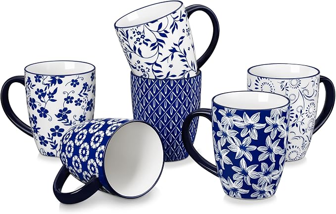 vancasso SELENE Large Coffee Mugs Set of 6, 16 Oz Porcelain Coffee Cups with Handle, Ceramic Tea Cup for Cappuccino, Latte, Tea, Cocoa, Dishwasher & Microwave Safe Gift Sets, Vintage Blue