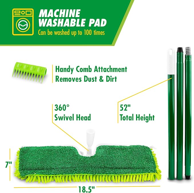 Libman 18" 2-Sided Microfiber Dust Mop, Double Sided Dry Wet Mops for Floor Cleaning, Hardwood, Laminate, Tile Cleaner, 360 Degree Swivel Head, 49” Long Handle
