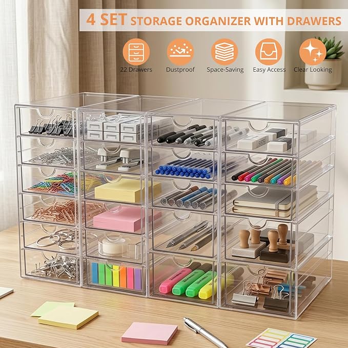 Makeup Drawer Storage Organizer with 22 Drawers, 4 Set Acrylic Office Desk Organization and Storage, Dustproof Drawer Organizer for Makeup, Office, Countertop, Jewelry, Pen, Desktop, Bathroom, Bedroom