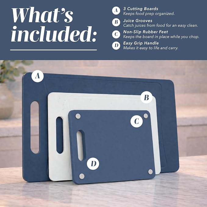 COOK WITH COLOR Non-Slip Cutting Board Set – Kitchen Essentials with Easy Grip Handle for Meat, Veggies, and Fruits, 3 Cutting Boards, Blue and White Marble